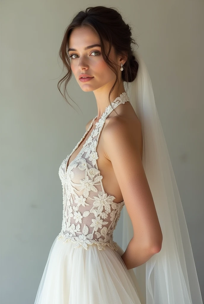 European woman model with hairstyle and veil wearing luxurious lace halter wedding dress. Show the whole dress. 
