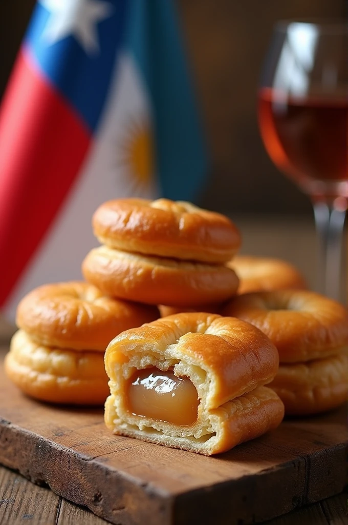 An image that combines Candy composed of two thin slices of dough attached to each other with dulce de leche, arranged on a wooden table, with a Chilean flag and an Argentine flag and a glass of wine.