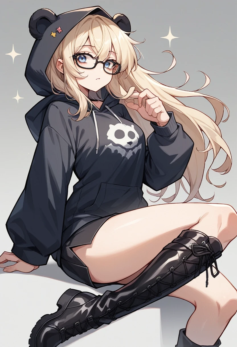 A 20-year-old Russian girl with black long hair who has dark blue eyes And in her hair she has one highlight of red, as for her clothes she wears a black hoodie with bear hears attached to the hood and a black half skirt and for the shoes she wears black boots with black furring, for the accessories she wears black glasses. This girl is watching the sky full of stars from her bedroom window