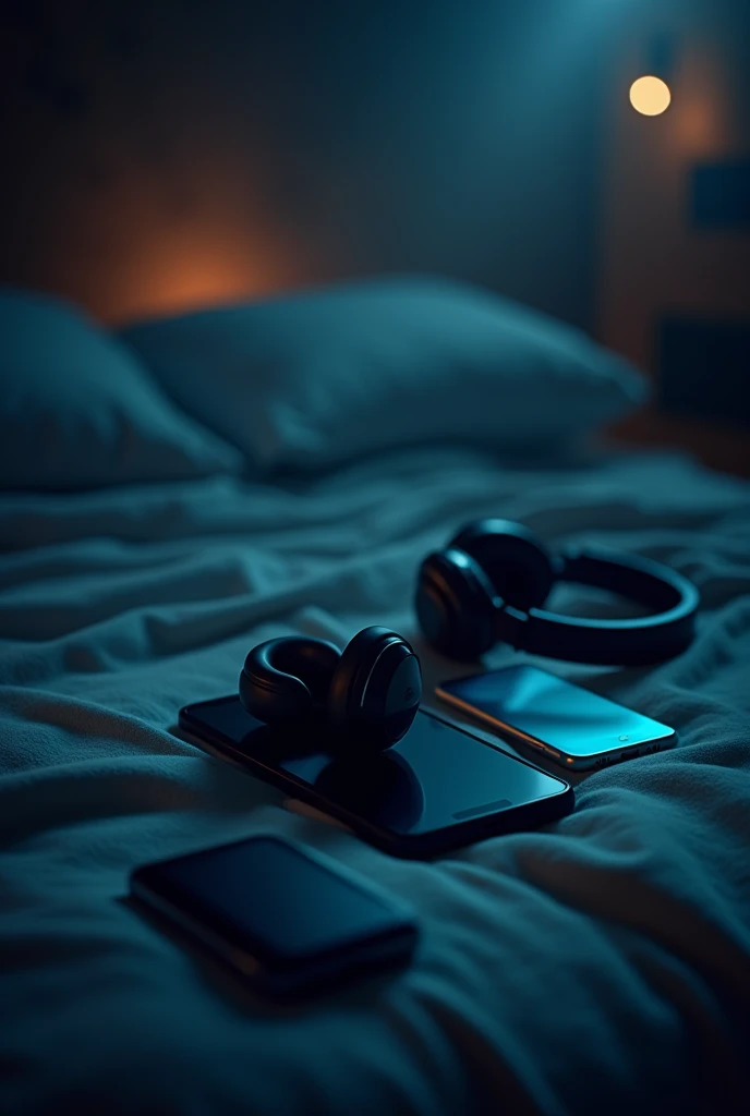 Create an image for my Facebook cover that has my airpods headphones, mi iPhone, what iPad (as if we were listening to music) in a dimly lit place