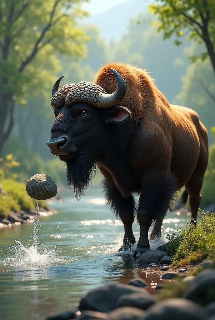 Buffalo 3d drawing, throwing stones into the river with your hand