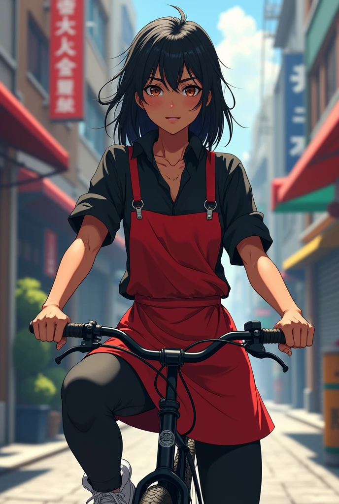 "An anime style girl, about 20 years old, with dark skin and a somewhat robust complexion, having masculine features. Her hair is long, Black and messy, with brown pupils and noticeable dark circles. He wears a black shirt, a red apron, black pants and white tennis shoes. On a black bicycle posing for a photo street background."