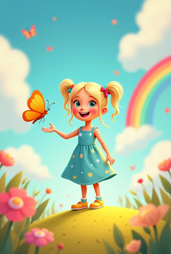 A joyful girl with long, wavy light blonde hair in two high ponytails secured with colorful hair ties, wearing her light blue dress with white polka dots and yellow shoes, standing on a softly rounded hill, gazing with wonder at a brightly colored butterfly that has landed on her hand. The background features a vibrant, rainbow-filled sky, with soft, rounded shapes and playful colors, creating a sense of magic and discovery, ultra-detailed, children's book illustration.