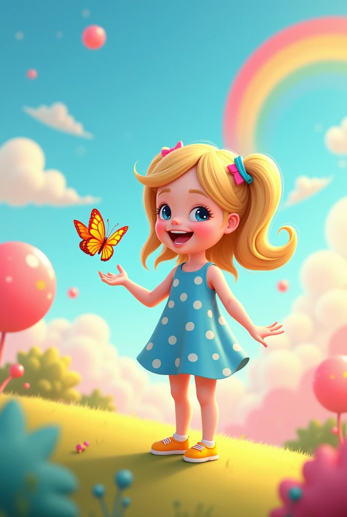 A joyful  girl with long, wavy light blonde hair in two high ponytails secured with colorful hair ties, wearing her light blue dress with white polka dots and yellow shoes, standing on a softly rounded hill, gazing with wonder at a brightly colored butterfly that has landed on her hand. The background features a vibrant, rainbow-filled sky, with soft, rounded shapes and playful colors, creating a sense of magic and discovery, ultra-detailed, children's book illustration.