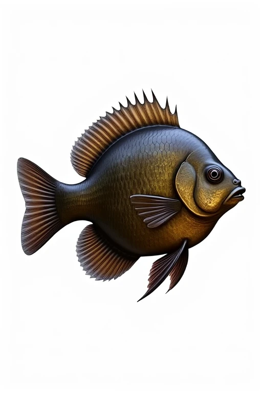 A realistic dark brown bluegill looking to the side、Background is white