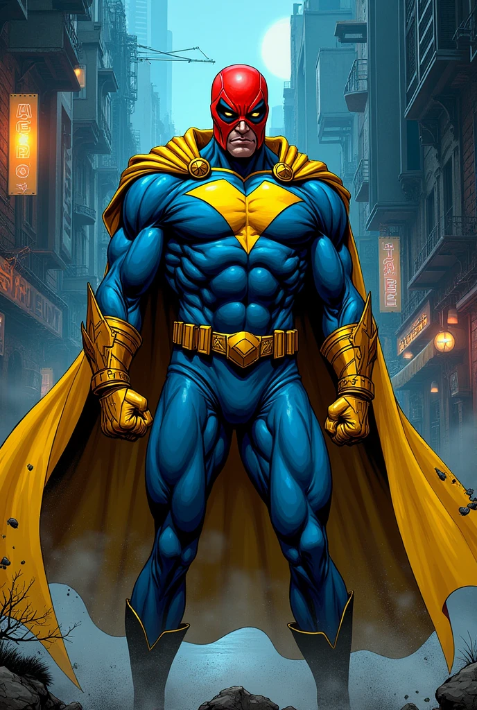 create comic book villain, nome de Crossó, with blue and yellow clothes, and red helmet