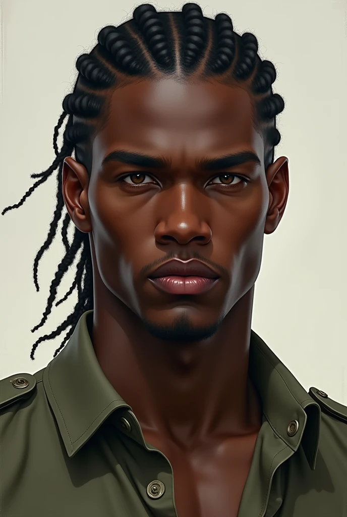 Create a dark-skinned boy, with dark skin, serious and intimidating. He is athletic, with wide shoulders, He has high cheekbones and an elongated face and wears a military shirt.. Her hair is braided.. Her eyes are hazel in color. (Make it look realistic) May he be young and very handsome (with a young face and no mustache)