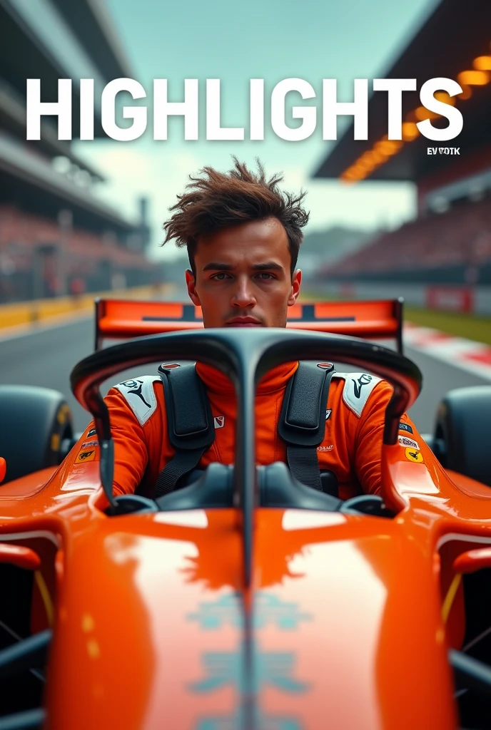 Create an F1 highlights thumbnail with the text "HIGHLIGHTS". And the thumbnail should include lando norris sitting in his mclaren car