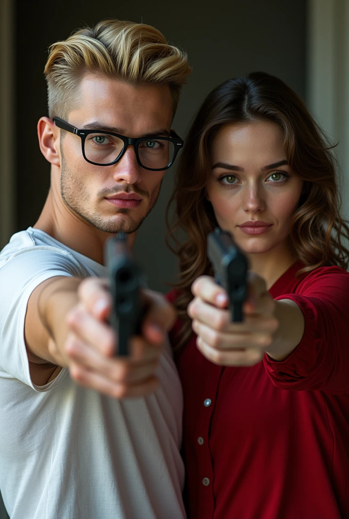 masterpiece, 2 German commissioners with 2 drawn weapons, weapon is a sig sauer p226, weapon aimed frontally, 1 man 20 years old with blonde hair shaved on the sides and hair combed to the side with blue eyes and a striking face and black square Ray-Ban glasses with a narrow nose and wearing a white T-shirt, 1 woman 20 years with shoulder-length curly brown hair with light brown eyes and wearing a red blouse, friendly facial expression, realisti, both look frontally,