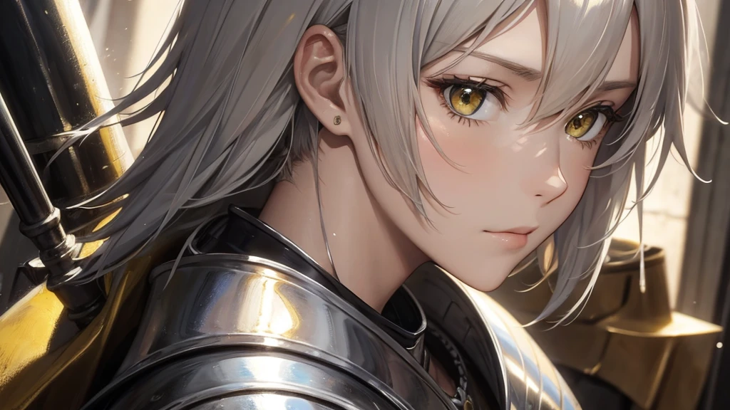 oil painting look, Jeanne d'Arc, yellow short hair, silver armour, face closeup, shout