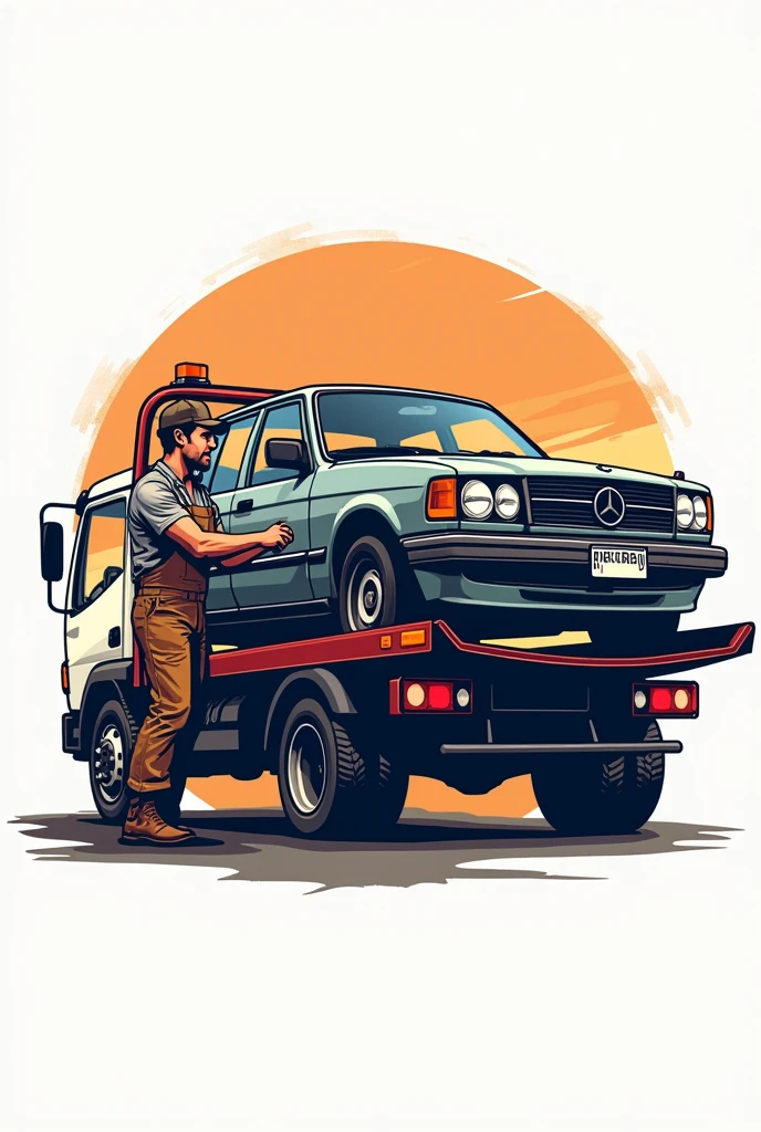 A car dealer logo with a man towing a scrap car onto a tow truck with inscription Изкупуване на автомобили 24/7