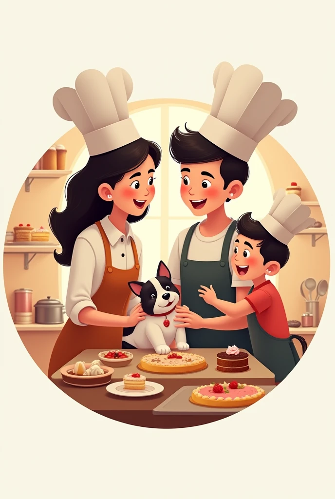 Create an animated circular Instagram logo of a family consisting of a mother with her eldest daughter and youngest son cooking together and a baby dog with a black head and white body, all wearing chef's hats and surrounded by cakes. say the phrase "Tobey's Delights"