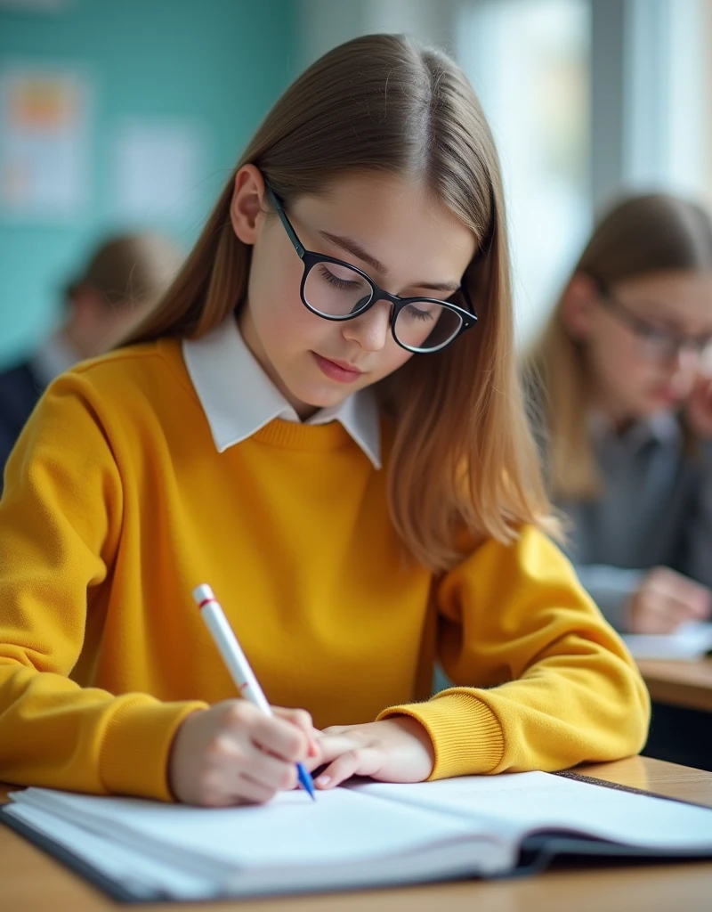 Developing cultural and intellectual skills, education according to the curricula prescribed for students , receiving information in the classroom, a close-up picture of a swedish student with glases wearing a yellow uniform sitting on a school desk , performing school assignments