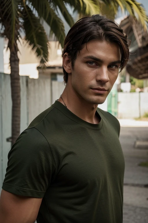 dark male model, who wears a casual surfer style like a spalpers type military green t-shirt with short sleeves slightly folded and a wide overside collar, The camera position must be low angle and the background must be urban., The face must be a handsome model with green eyes. and with an interesting face. power attitude