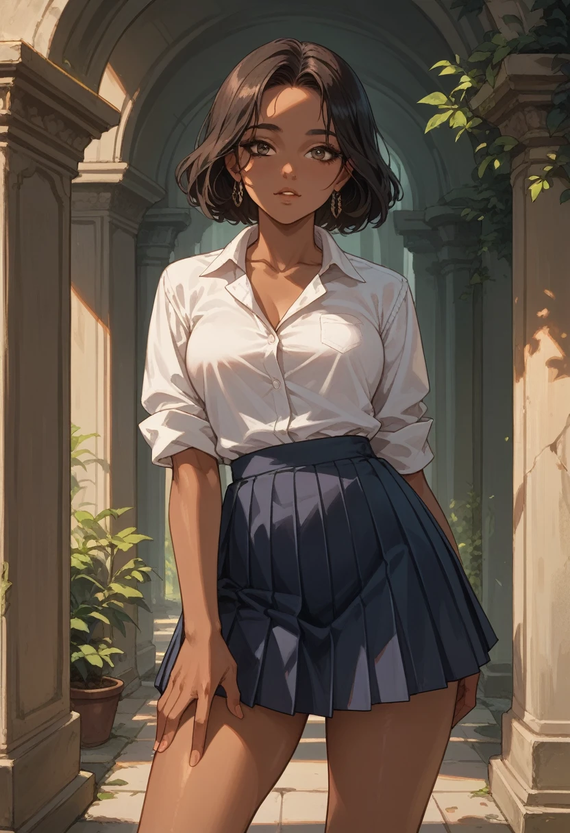 make a beautiful image of a large hand of a white man holding the thighs of a beautiful dark skin 2 possessivly. She is wearing a pleated skirt
