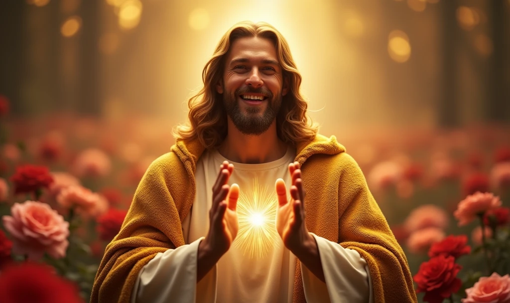 Ultra realistic Christ smiling with loving face with hands in blessing gesture to the viewer, chic velvet gold cape. his heart is ultra radiant, loving, shining eyes to the viewer, of light to convey depth and rose garden background, many lights coming from the sky