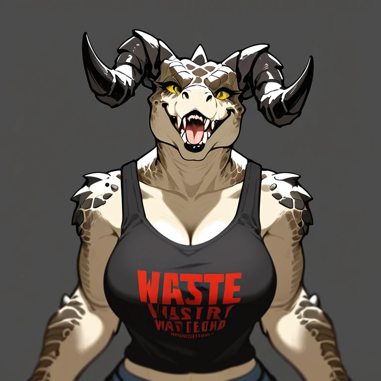 (((Masterpiece))), ((4k)), (best body), Solo, score_9,score_8_up,score_7_up, kemono style, Anthro deathclaw from fallout, Anthro reptile girl, snout, green scaled skin, gold eyes, black lips, black horns, black ram horns, athletic body, smiling, wearing brown laced tank top, pov, pov she is holding viewers face, pov she is holding viewer, simple grey background 