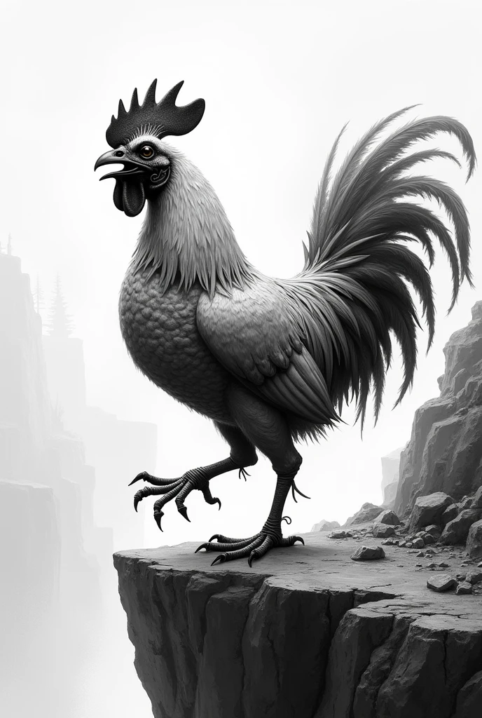 Create an image of a very faint black and white rooster, plucked and crying. He is trying to balance himself, is almost falling off the edge of a cliff