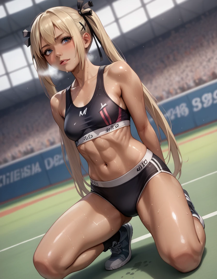 Crotch bite、Digging into the crotch、,((blonde hair, tanned, ))、Wet legs、Marie Rose, 、、Escape to, score_9, score_8_superior, score_7_superior, score_6_superior, score_5_superior, score_4_superior、Inspired by Japanese manga style, Manga style, How to draw manga, Digital drawing, An 8K masterpiece depicting a Japanese manga about girls in their twenties, Act as a slave,, . , shortness of breath, , close your eyes, , Sweaty. . My open fingers are rough. whole body. . Six Pack Abs. . information. Surrounded by a crowd.full body、drunk、score_9, score_8_up, score_7_up,
(masterpiece, best quality:1.2), 8k, RAW photo, photo realistic, ultra detailed, depth of field, perfect anatomy, looking at viewer, 
1girl, , pretty girl, medium breasts, navel, shiny skin, , toned body,sweat,
sports bra,black  briefs,,sultry, seductive,sexy pose,
sports gym,