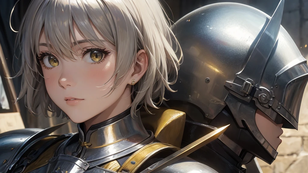 oil painting look, Jeanne d'Arc, yellow short hair, silver armour, face closeup,  shout aloud