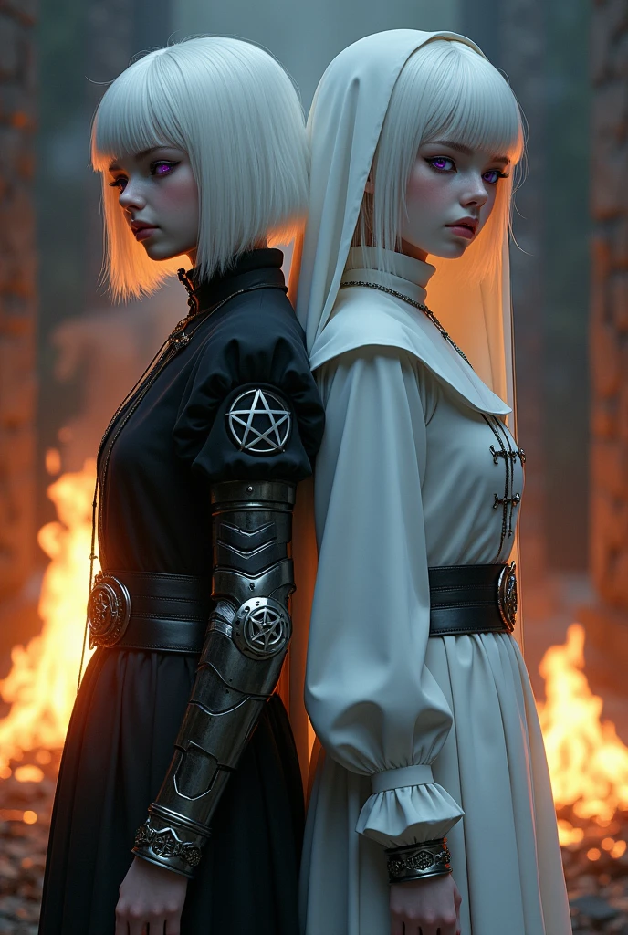 Two albino girls from the Middle Ages, back to back, white haired, light violet eyes,
the girl on the left wearing dark alchemist clothes, shorth hair, wearing steampunk prosthetic arm with raised pentagram, the girl in white nun clothes, with cross necklace, in front of the execution of a bonfire, the night