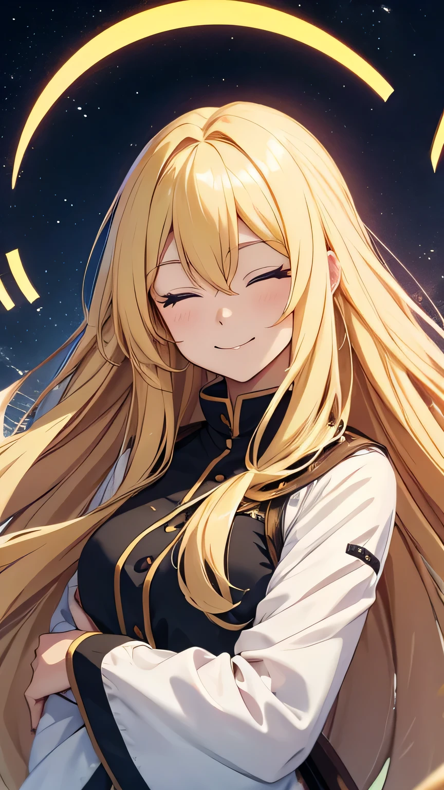 A long-haired, yellow-haired, blue-eyed anime girl is smiling with her eyes closed.