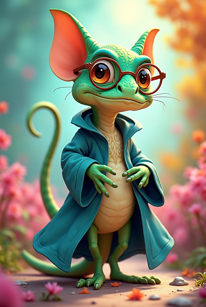 chameleon with glasses and robe animated 2d