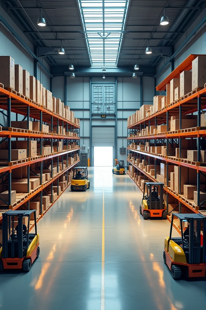 Warehouse image model from above view with T-configuration with space for cross-docking with normal shelves, Floor storage and cantilever racking that includes the use of forklifts that have a south-facing reception door and a west-facing dispatch door. Type of dynamic storage system with exterior space for a container yard (at least 10)