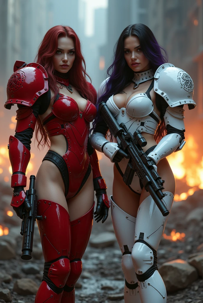 Full body pose Angelina Jolie, Charlize Theron sisters of battle from the warhammer 40k, shooting at the enemy, red space marine armor with jetpacks and big shoulder plates and intricate details, white space marine armor with jetpacks and big shoulder plates and intricate details, symbols on the armor, sisters of battle, warhammer 40k, Massive exposed silicone breast, pale skin, seductive, temptation, eat your soul, clevage, long red flowing hair, long black flowing hair with purple highlights, heavy gothic makeup, at night, neon, beautiful detailed eyes, beautiful detailed lips, extremely detailed eyes and face, long eyelashes, highly detailed armor, intricate futuristic weaponry, dramatic lighting, cinematic composition, muted color palette, gritty and realistic, mecha, science fiction, hyper-detailed, photorealistic, award winning digital art, 8k, HDR, masters work, in the middle of a battle field, full body combat action pose, explosions and fire around, full war, stunning, Stilleto heels, high heels, full body pose, cinematic, movie trailer, final stand!, nemesis, ready to strike, dust and debree, combat screams, attacking, shooting at the enemy, running forward, last line of defense, charging, fanatic, religious, templar knights, sisters of battle, warhammer 40k, shooting at the enemy, bimbo gigantic exposed breast, space marine, stilleto heels, cinematic light, cameltoe pussy, beautiful pussy, wet pussy, wet body, oiled body, gigantic breast, dynamic super sexy combat action pose