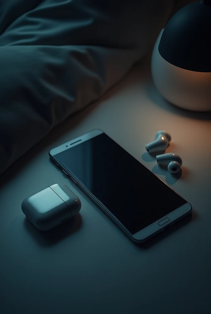 Create an image for my Facebook cover that has my white airpods headphones, my black iPhone, i iPad payment (as if we were listening to music) in a dimly lit place