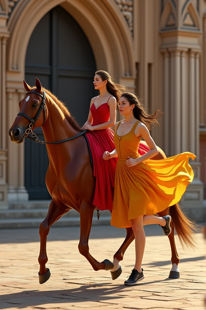 Une dame sur un cheval marron. Le cheval doit être marron sans tâche blanche sur la tête. 
A côté d'elle doit apparaitre un coureur a pied de type marathonien. 
Ils devront être habillé tout les deux en rouge et jaune. 

En fond doit apparaitre l'église Saint Sernin de Toulouse 