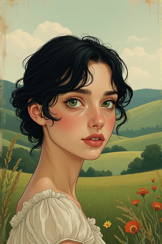 Generate images of an effeminate man with black hair, green eyes and freckles, at the time of Anne with an E with drawing style