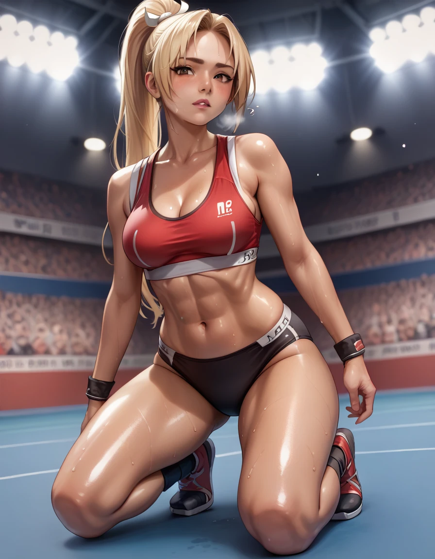 Crotch bite、Digging into the crotch、,((blonde hair, tanned, ))、wet legs、Ponytail Mai Shiranui, 、、Escape to, score_9, score_8_upper, score_7_upper, score_6_upper, score_5_upper, score_4_upper、Inspired by Japanese manga style, Manga style, How to draw manga, Digital drawing, An 8K masterpiece depicting a Japanese manga about girls in their twenties, Act as a slave,, . , shortness of breath, , close your eyes, , Sweaty. . My open fingers are rough. whole body. . Six Pack Abs. . information. Surrounded by a crowd.full body、drunk、score_9, score_8_up, score_7_up,
(masterpiece, best quality:1.2), 8k, RAW photo, photo realistic, ultra detailed, depth of field, perfect anatomy, looking at viewer, 
1girl, , pretty girl, medium breasts, navel, shiny skin, , toned body,sweat,
sports bra,black  briefs,,sultry, seductive,sexy pose,
sports gym,