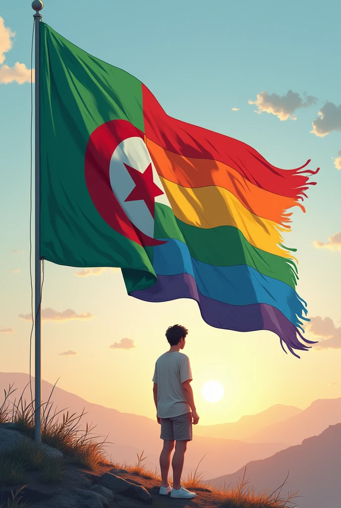 Algerian flag with a mix of the lgbt flag