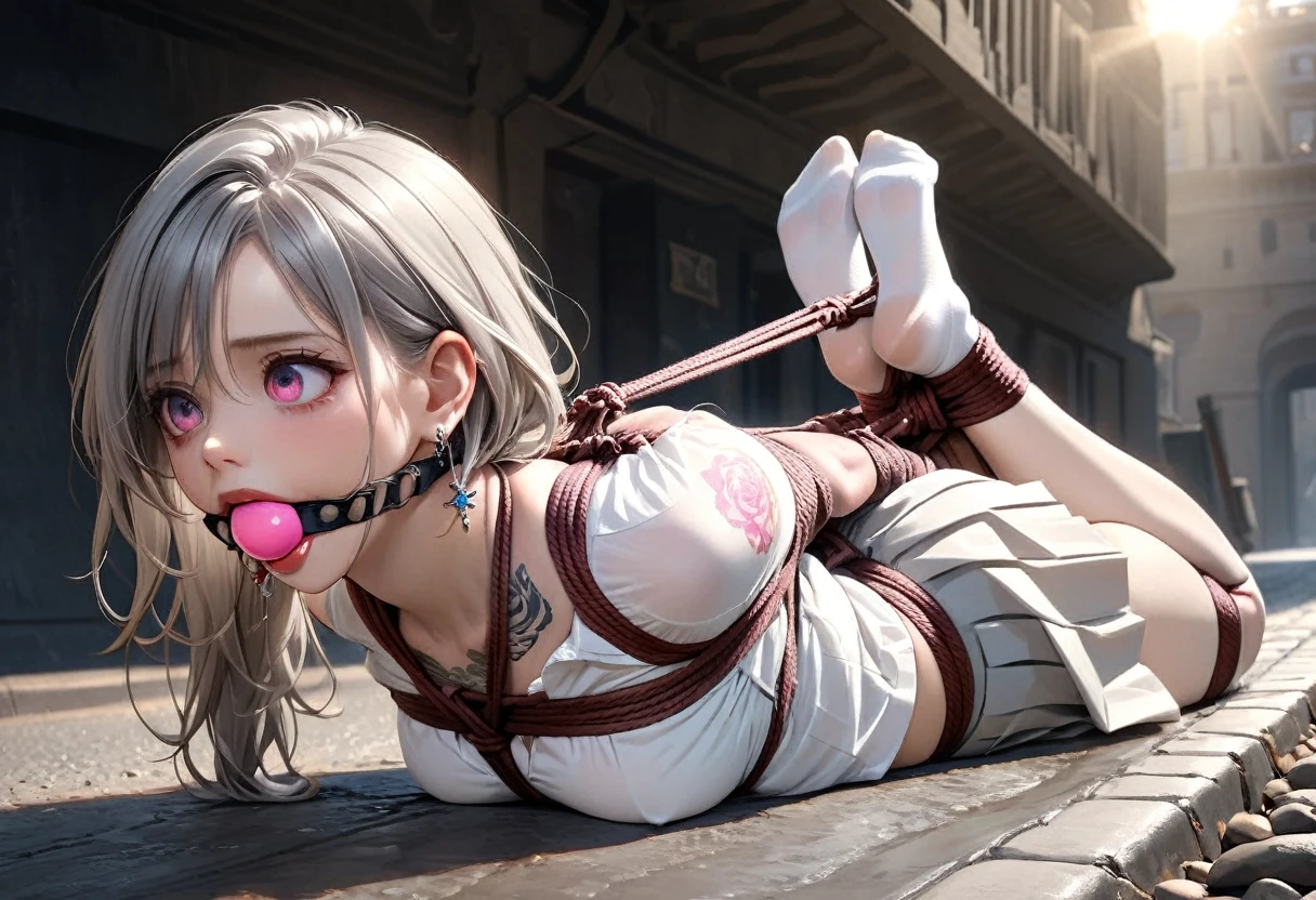 Pretty, Masterpiece, light makeup, Red lips, gray hair, long messy hair, roadbed, Pretty, elegant. Super fine detail, master piece, realistic texture, cinematic light realism, perfect work, 8k, HD, subtle facial expressions, White shirt, transparent pleated skirt, thin socks, big bright eyes, earrings, necklace, tattoo. (Shibari, hands tied behind back: 1,5), (Shibari: 1,21), gag with drool ball (((Class ))) (((big pink ball gag