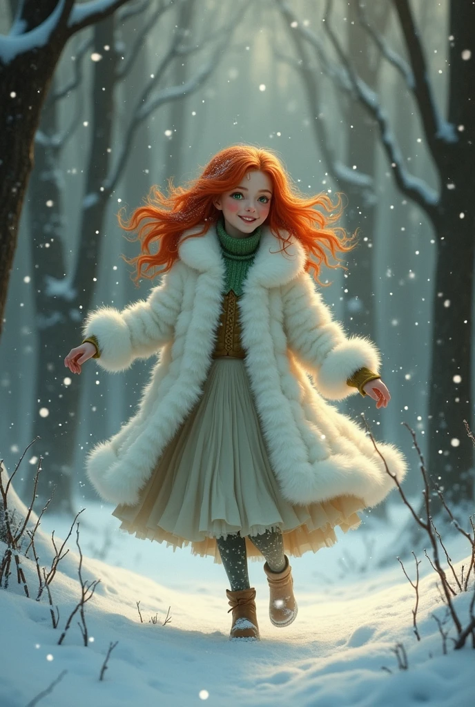 woman, red hair, green eyes, amber heard, pixie, White fur coat, snowing, cold, woodland, dancing in snow, happy, evening, dull light