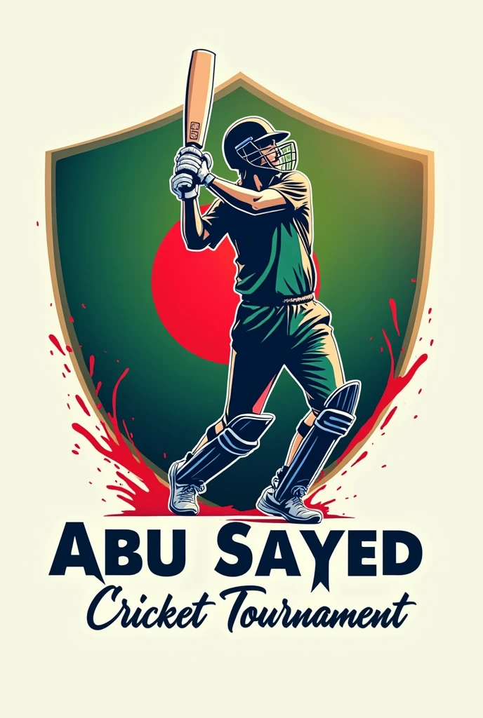 logo for cricket tournament. Bangladesh flag in the background. tournament name is Shahid Abu Sayed Cricket tournament. there should be a vector of a cricketer with bat in hand