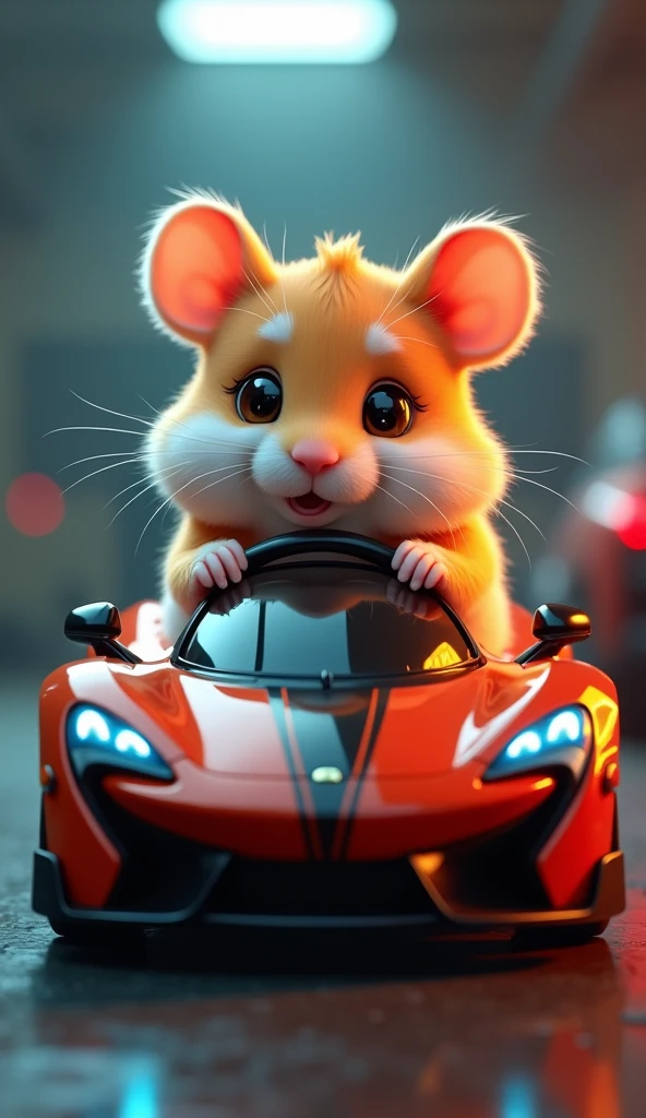 A super cute hamster driving a hamster-sized supercar, extremely detailed, hamster with big eyes, fluffy cheeks, fluffy fur, hamster-sized supercar, glossy paint, intricate details, vibrant colors, photorealistic, 8K, Highly detailed, hyperrealistic, dramatic lighting, cinematic composition