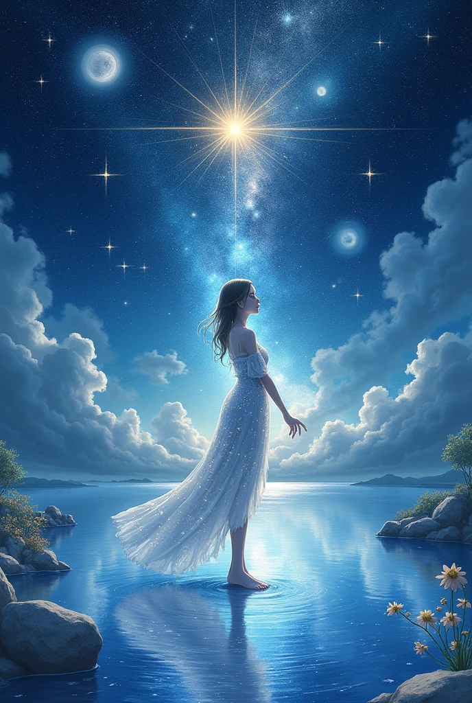 A very condensed beauty dressed in a painting of stars and moons in the river and sky., conceptual art inspired by Tosa Mitsuoki, pixiv contest winner, Best Quality, Fantasy Art, beautiful anime scenes, a round of bright moon, starry sky environment in the moonlight, dream painting, animated background art, dream landscape art, fantastic night, animated background, background illustrations, fantastic art, atmospheric anime, starry sky, Details improvement.