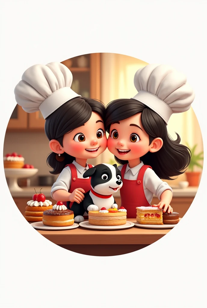 Create an animated circular Instagram logo of a family consisting of a mother with her eldest daughter and youngest son cooking together and a baby dog with a black head and white body, all wearing chef's hats and surrounded by cakes. say the phrase "Tobey's Delights"
