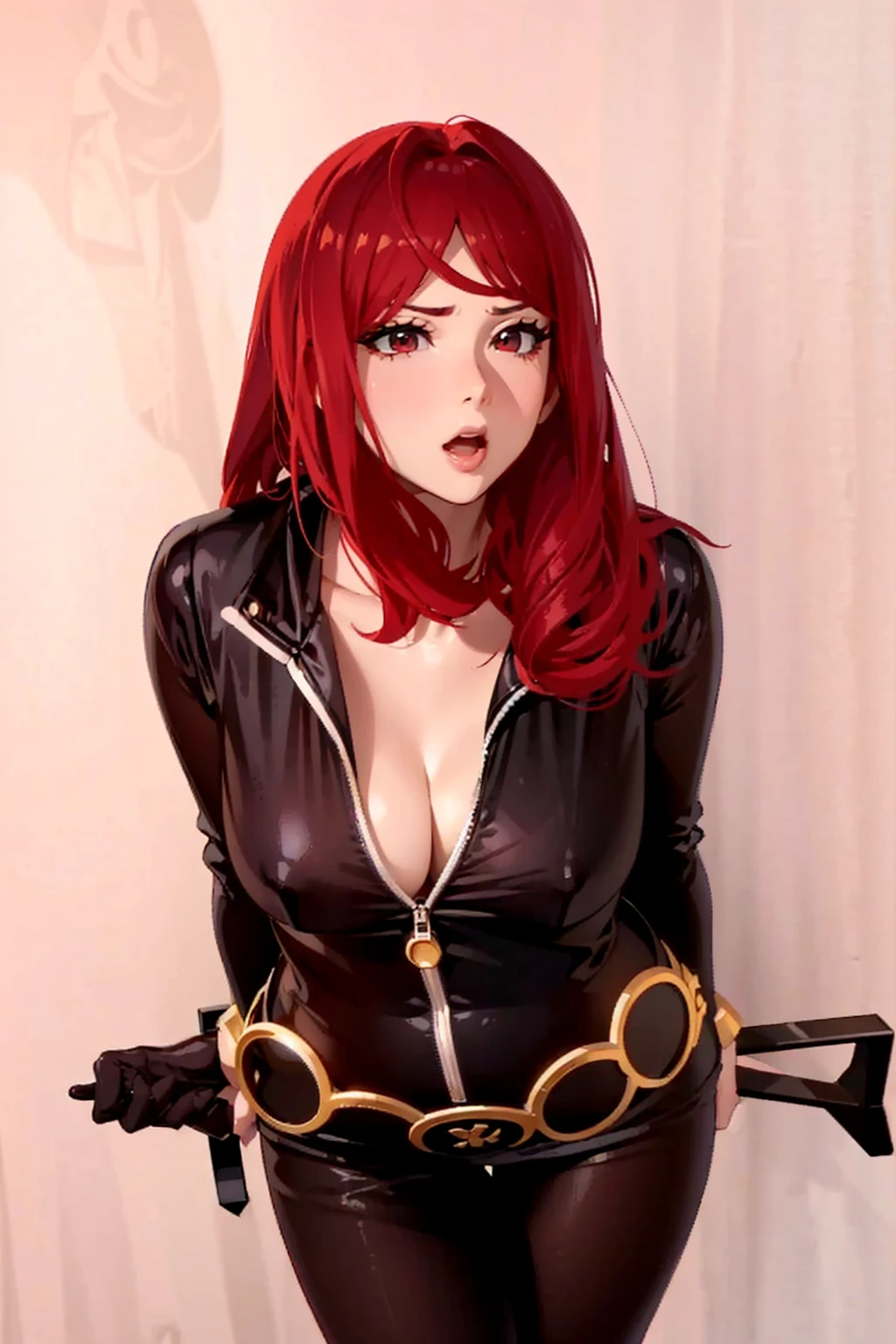 The image depicts a girl with bright red hair dressed in a black outfit. Her attire includes a sleek skin-tight shiny black latex bodysuit with a deep-cut zipper neckline revealing a large chest, the silver zipper running down the front. The suit is complemented by her golden wrist guard on both wrists and a belt of golden circles around her waist. The woman is equipped with accessories that convey a sense of preparedness for combat, notably. She is holding a long rifle gun behind her back with both hands. Her fair complexion and well-toned body contribute to the faithful representation of the character she is emulating. She has a cute smile on her face. She appears confident, embodying the characteristics of the skilled and self-reliant superheroine she is portraying.