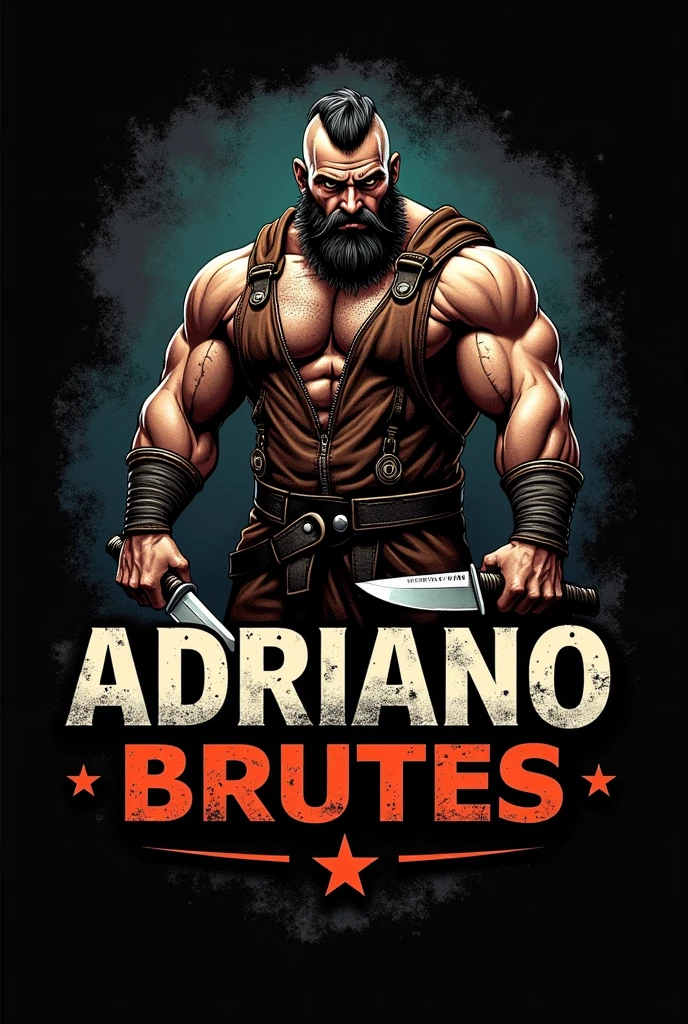 Make a logo with the words Adriano Knives Brutes With a strong black ironmonger wearing a leather jumpsuit holding a knife in one hand and a hammer in the other 