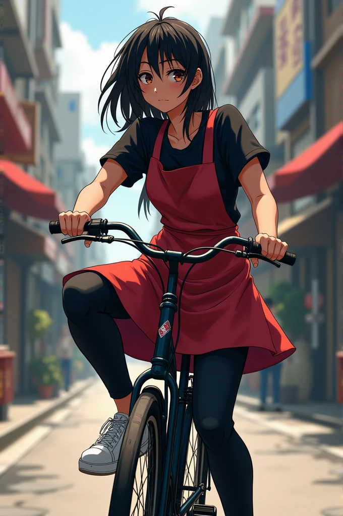 "An anime style girl, about 20 years old, with dark skin and a somewhat robust complexion, having masculine features. Her hair is long, Black and messy, with brown pupils and noticeable dark circles. He wears a black shirt, a red apron, black pants and white tennis shoes. On a black bicycle posing for a photo street background."