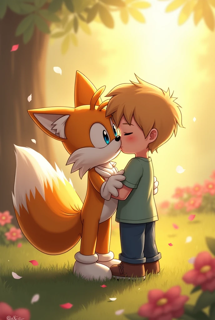 Tails the fox kissing a human boy