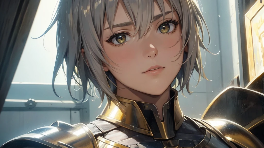 oil painting look, Jeanne d'Arc, yellow short hair, silver armour, face closeup, shout aloud