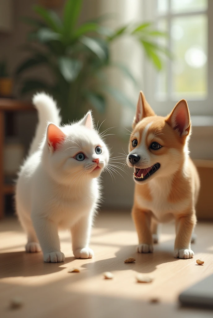A white cat trying to be attacked by a dog, show the dog trying to attack the cat , tender image, dog the dog trying to attack