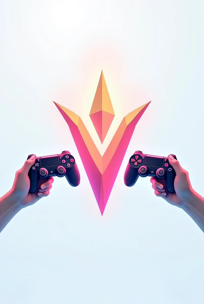 Create a Valorant Console Themed Logo , with the valorant symbol with hands holding Playstation controllers , using light colors 
