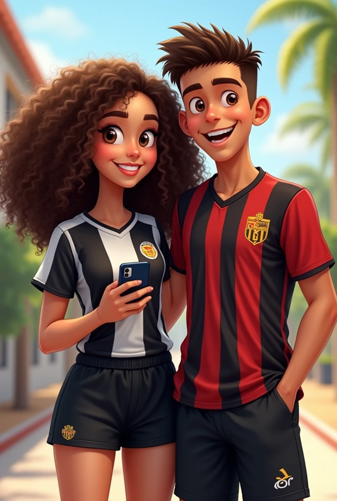 brown woman with a black and white Corinthians shirt and a black mini skirt with very curly hair and brown eyes holding a black cell phone and smiling with a brown man with a red and black Flamengo shirt with black shorts and smiling que eles tenham 10 anos