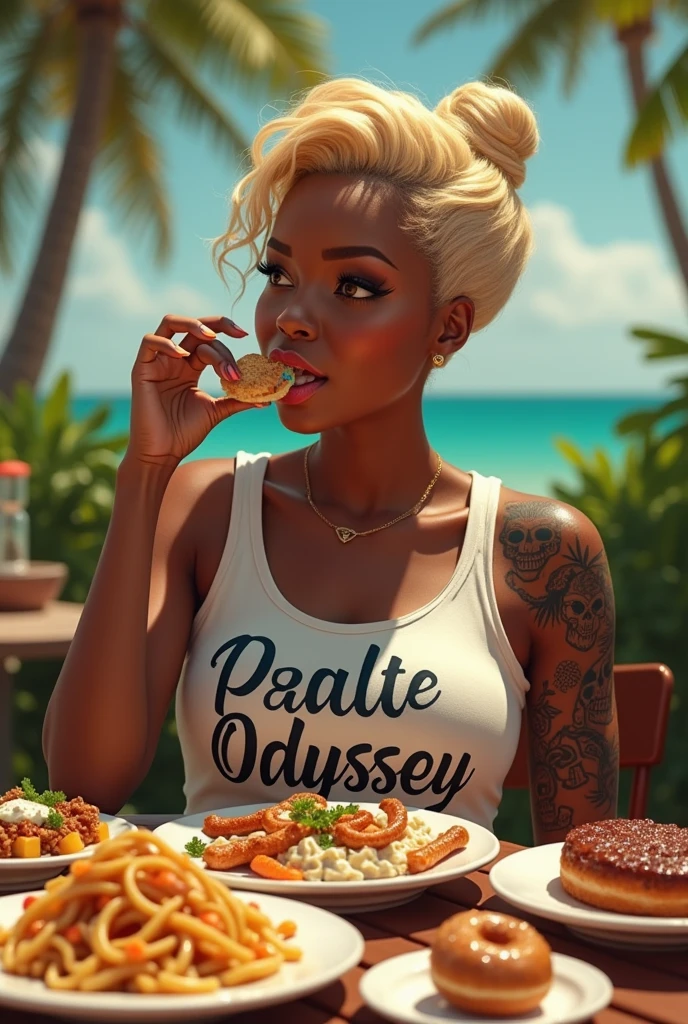 Create a 4k portrait of a 2 light-skinned female, with black features such as nose and lips approximately 5'1" tall, with blonde, wavy hair styled in a cut. She is sitting at a table testing various foods, including pasta, seafood, donuts, cocktails, pizza, rice, and steak, with each dish clearly displayed. She is wearing a shirt with 'Palate Odyssey' spelled out correctly. Her right arm features a tattoo with three skulls and an hourglass with blue sand falling through it. The scene is set in Miami, Florida, with palm trees visible in the background to enhance the tropical atmosphere.