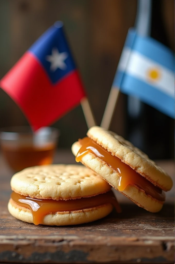 An image that combines Candy composed of two thin butter cookies attached to each other with dulce de leche, arranged on a wooden table, with a Chilean flag and another Argentine flag and a glass of wine.